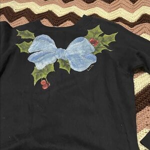 Black Shirt with Blue Bow and Holly Design